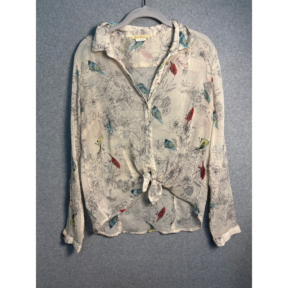 Sweet Magnolia Bird Floral Button Up Blouse Women Large Cottagecore Boho Flaw